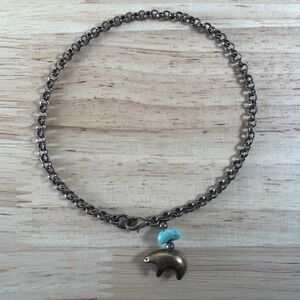 Plain Chain Bracelet Unmarked With STERLING Silver 925 Bear Charm With Turquoise